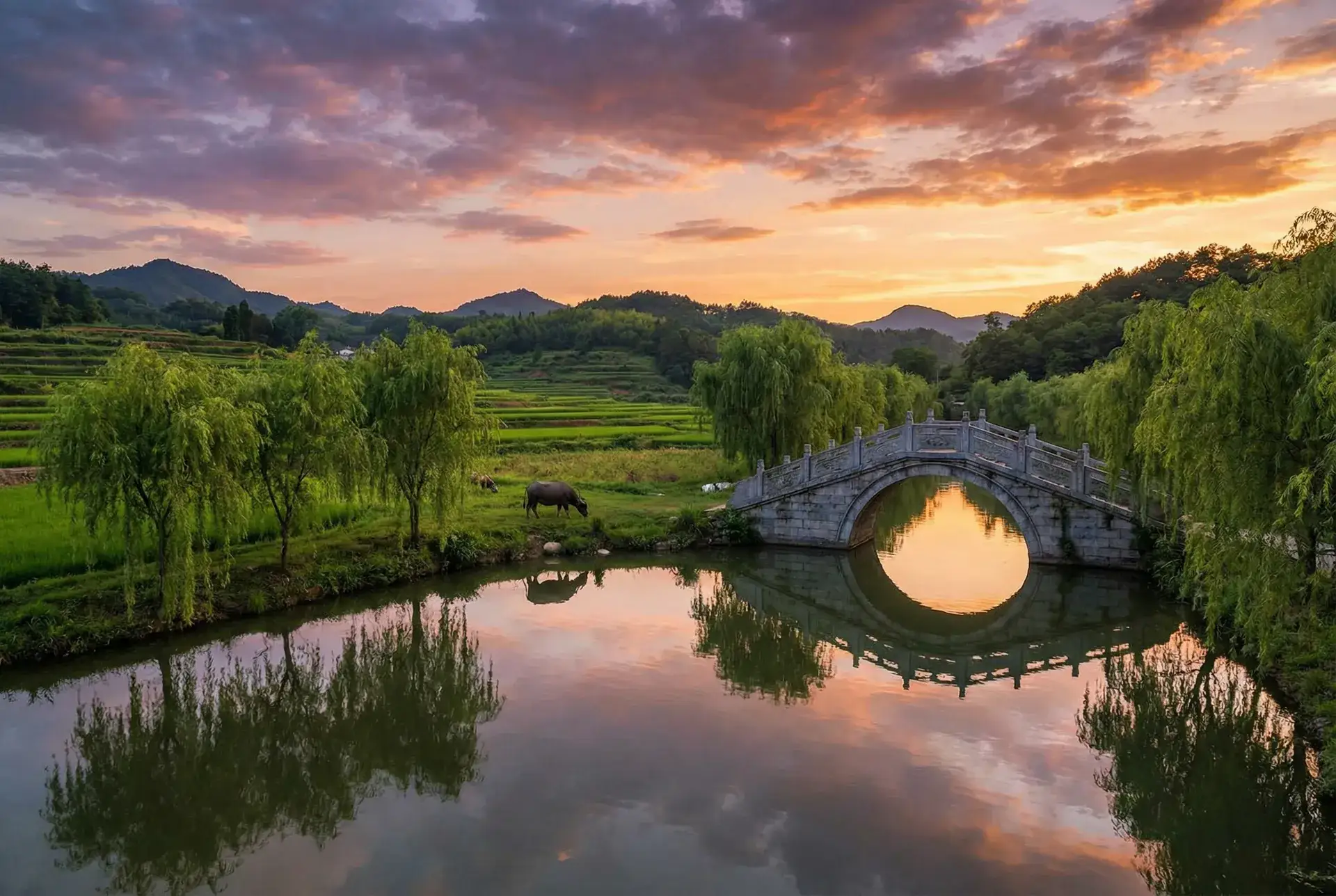 夕阳下的石拱桥与垂柳，水牛在河边吃草 - 满秋电视剧剧情介绍 乡村美景