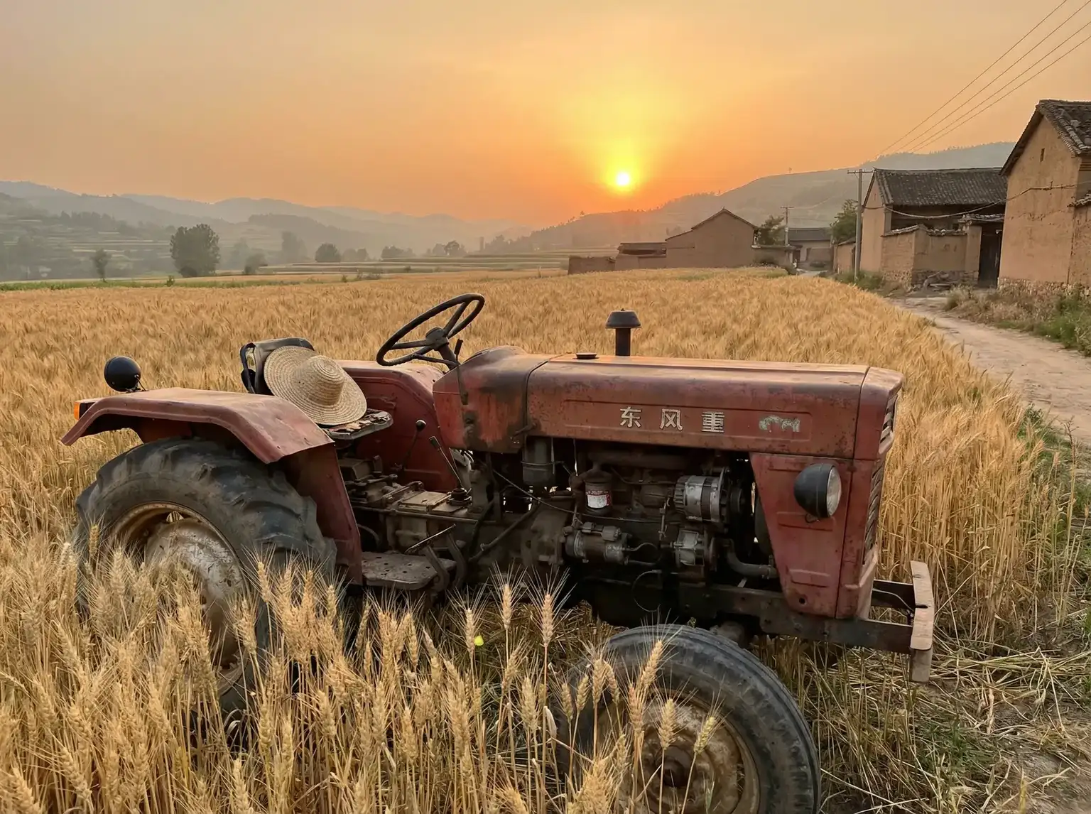 夕阳下的老式拖拉机停在麦田边 - 满秋电视剧剧情介绍 田间记忆